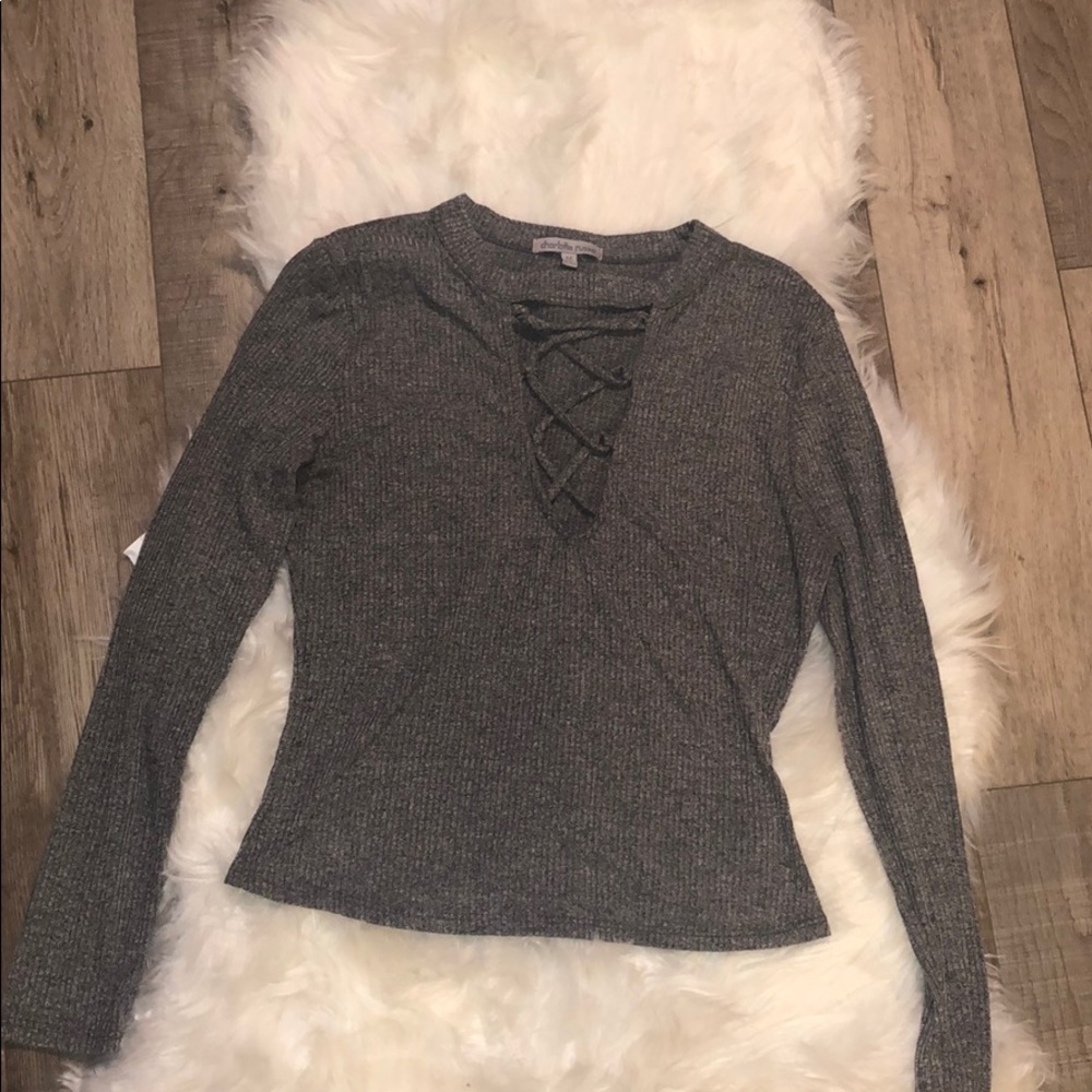 long sleeve top with criss cross neckline